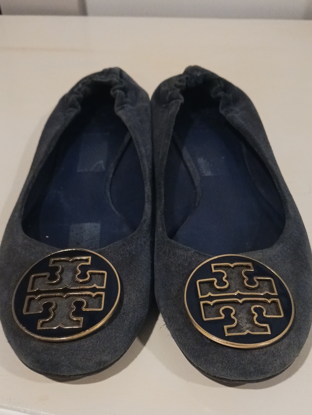 Tory Burch Navy Suede Ballet Flats with Gold Logo Medallion
